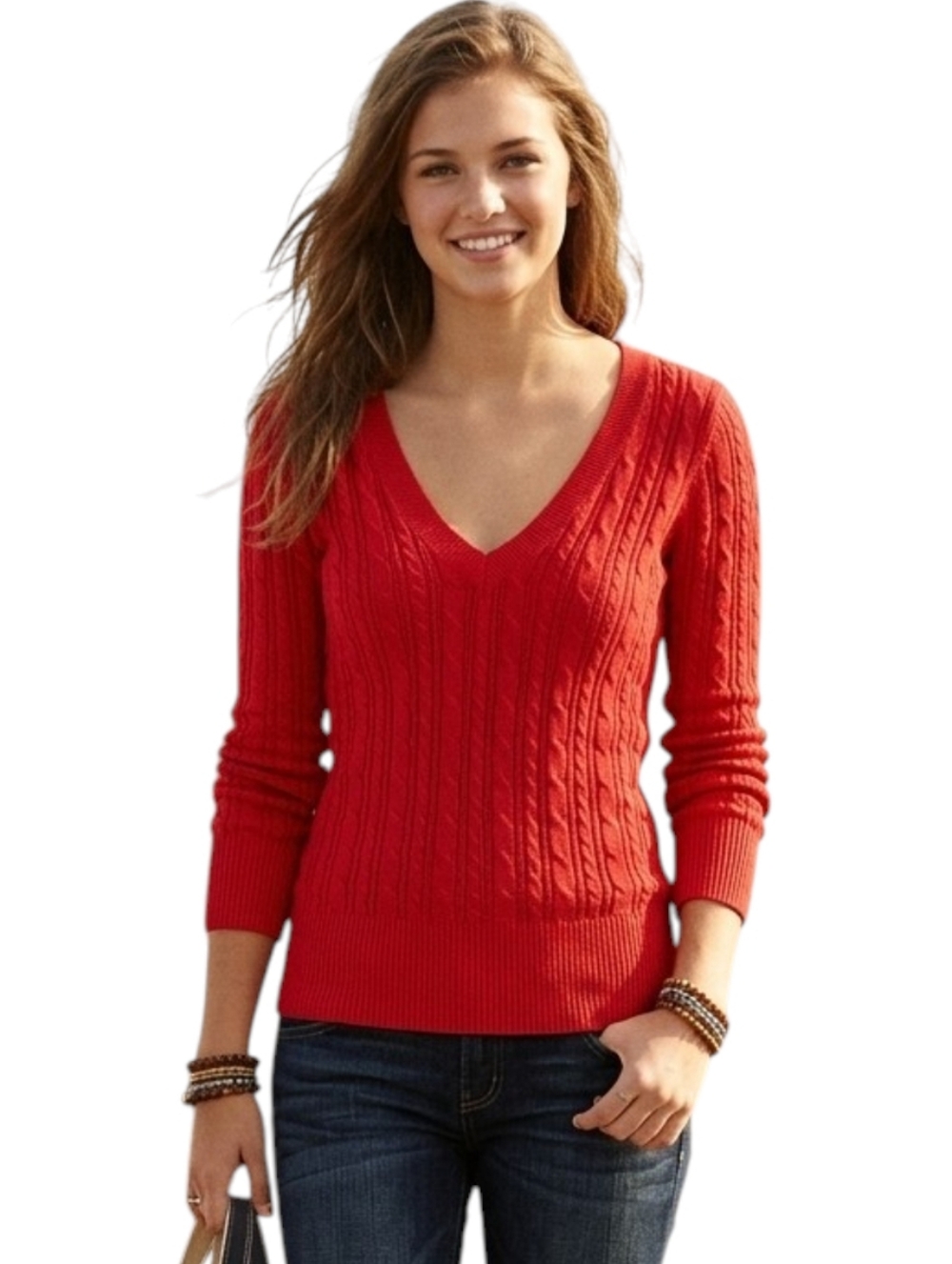 American Eagle Cable Knit Sweater Red V Neck Women Large Fitted Classic Y2K